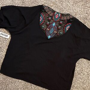 PacSun Black Blouse with Vibrant Patterned Neckline